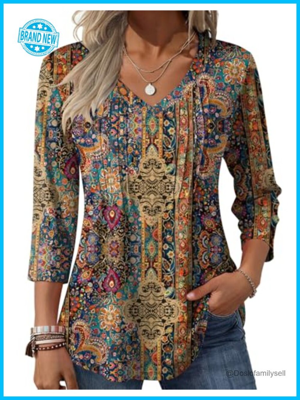 3/4 Sleeve V-Neck Pleated Boho Floral Blouse